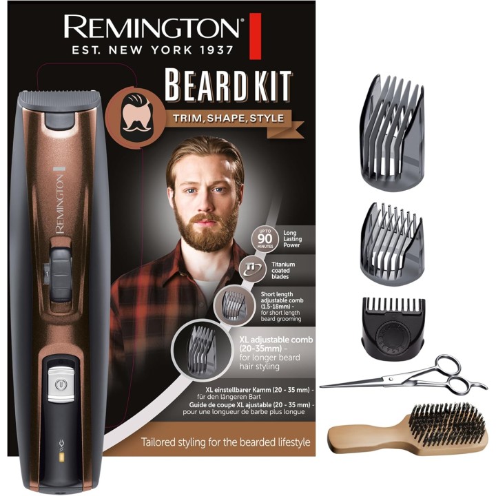 Tondeuse à barbe Remington - Lames titane auto-affûtées, sabots ajustables, sans fil, accessoires