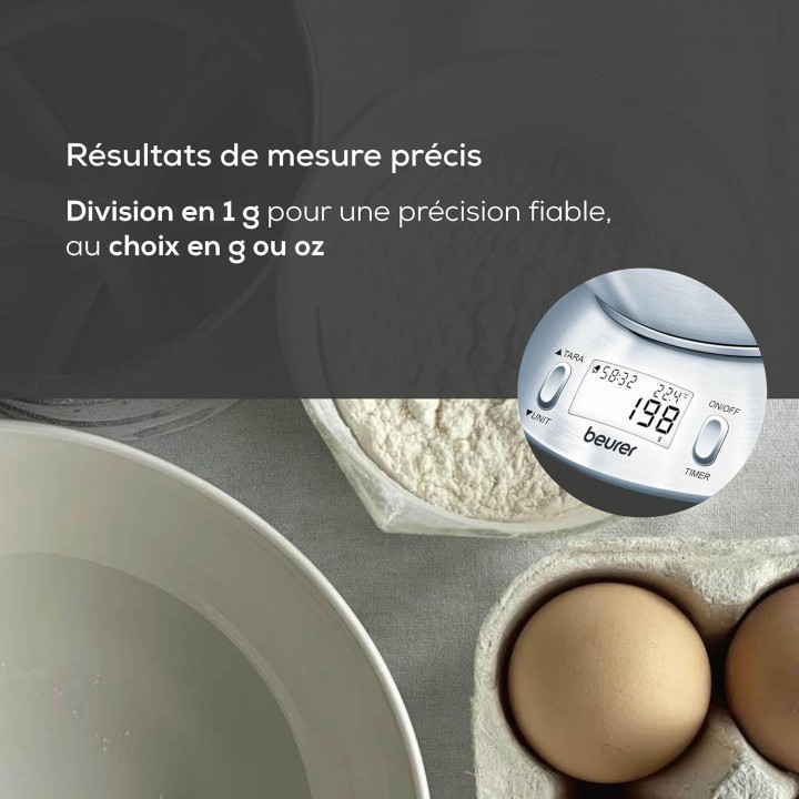 Balance de cuisine minuteur bol inox 1,5L thermomètre tare Beurer