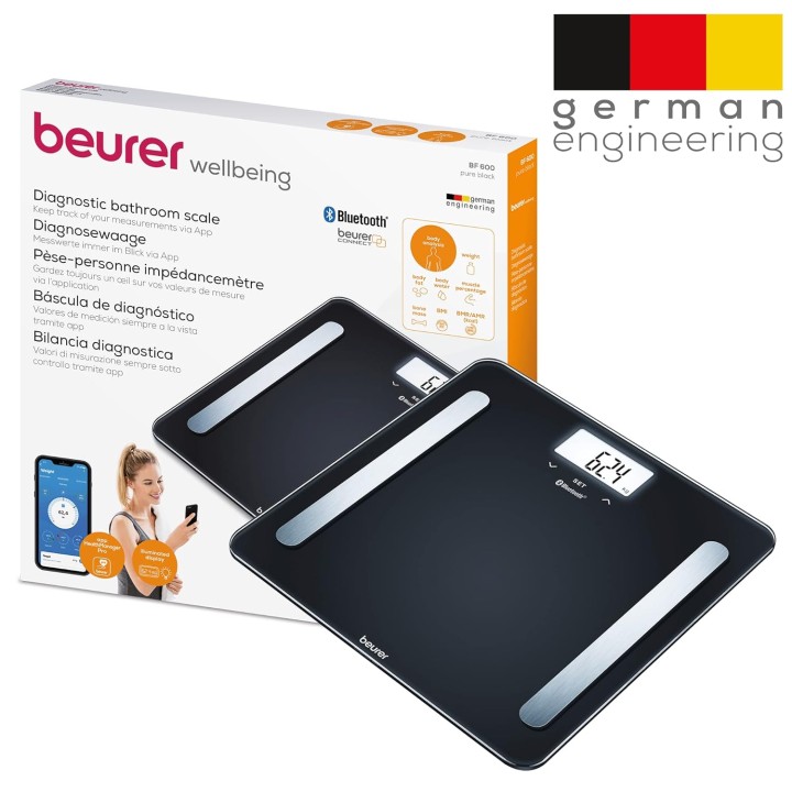 Pèse-personne connecté Beurer BF600 - Analyse corporelle, application mobile, verre noir