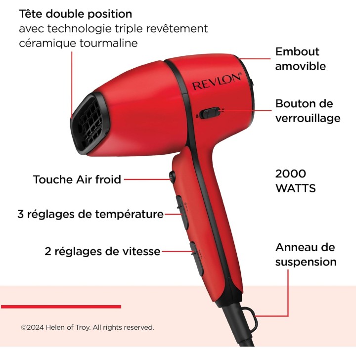 Sèche-cheveux compact Revlon Airflow Control - 2000W, concentrateur rotatif, diffuseur boucles