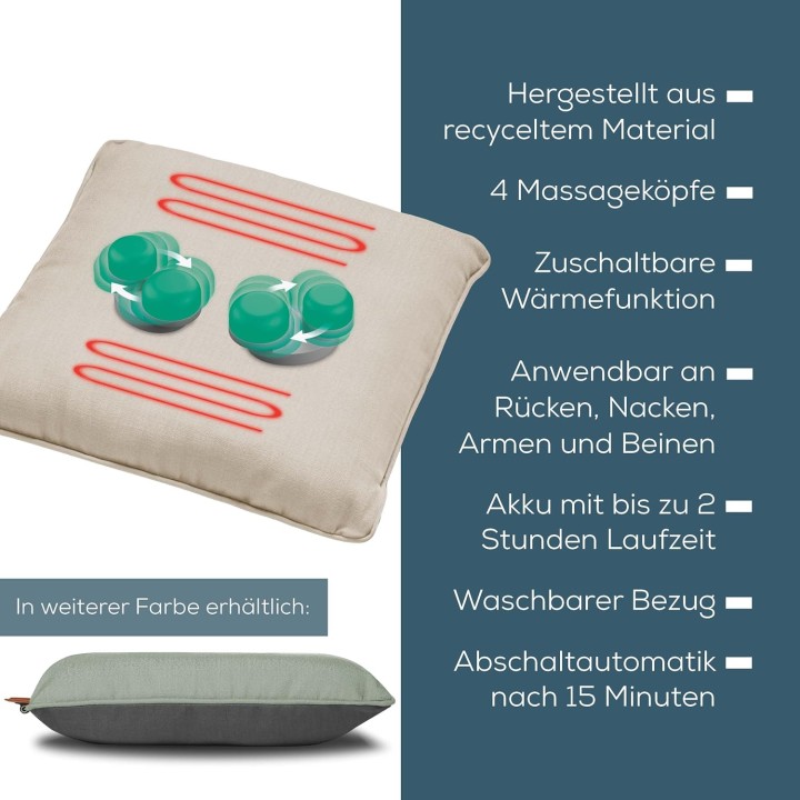 Coussin de massage Shiatsu sans fil avec chaleur - recyclé, lavable, 40x40 cm beige