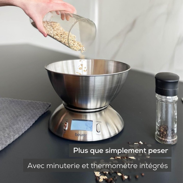 Balance de cuisine minuteur bol inox 1,5L thermomètre tare Beurer