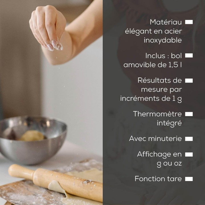 Balance de cuisine minuteur bol inox 1,5L thermomètre tare Beurer