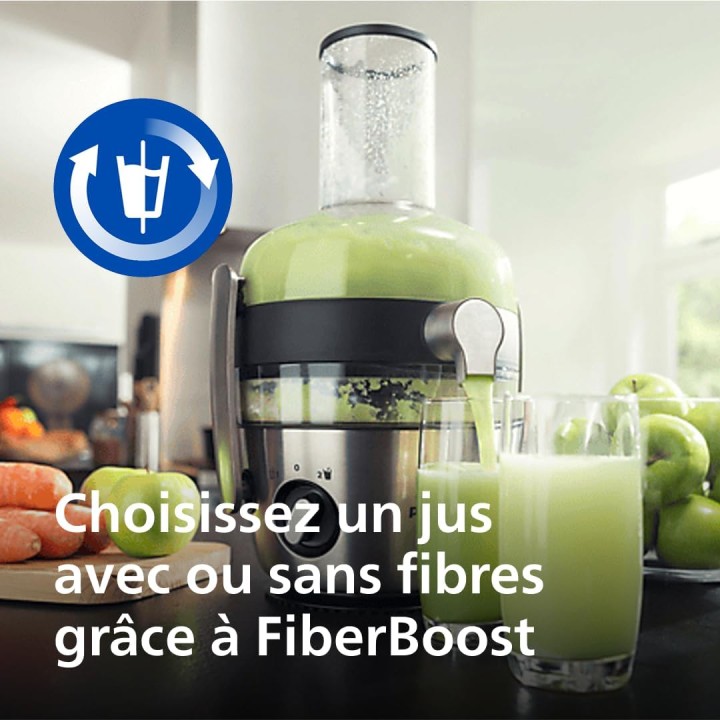 Extracteur de jus Philips FiberBoost - Cheminée XXL, QuickClean, 2L, 1100W, métal