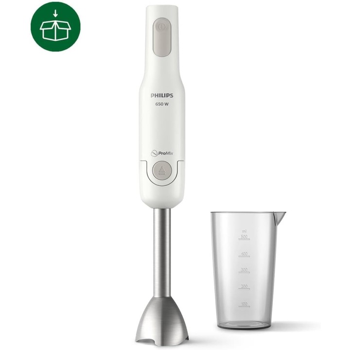 Mixeur plongeant Philips 650 W ProMix anti-éclaboussures avec gobelet doseur - blanc
