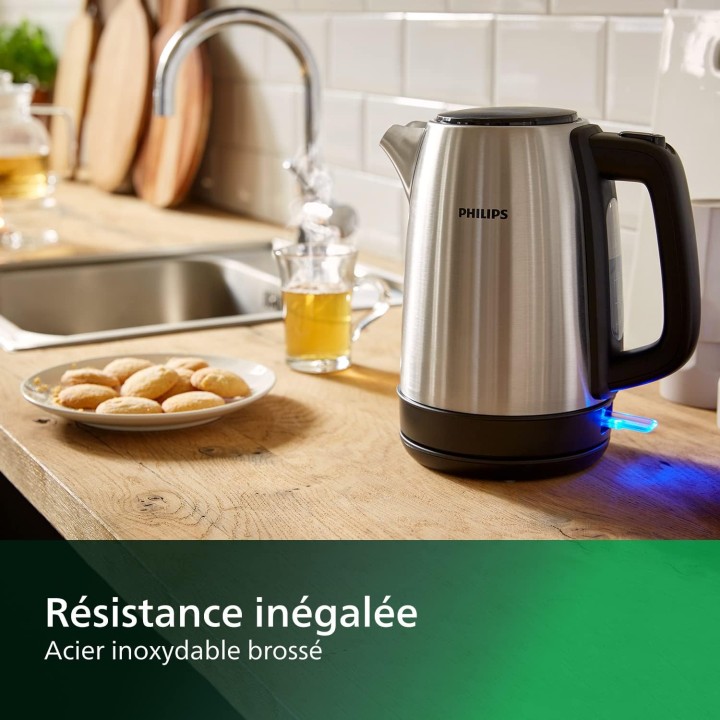 Bouilloire électrique Philips 1,7L inox – Ébullition rapide, filtre anti-calcaire, base 360°