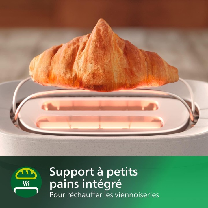 Grille-pain Philips éco-responsable 2 fentes - Réchauffe-viennoiseries - Blanc soyeux mat