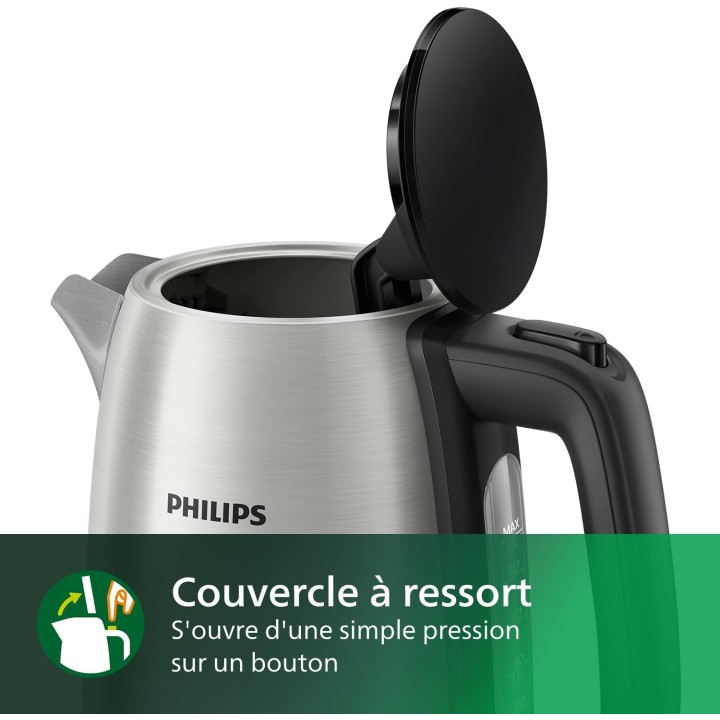 Bouilloire électrique Philips 1,7L inox – Ébullition rapide, filtre anti-calcaire, base 360°
